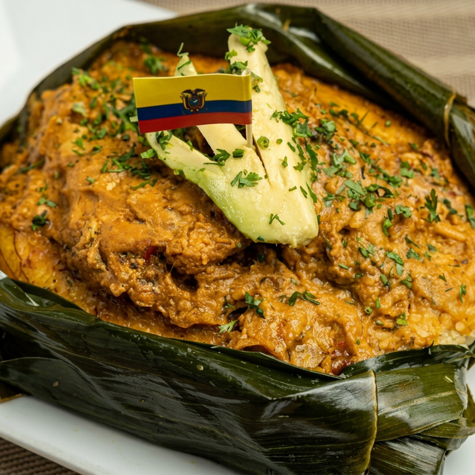 Ecuadorian dish of saucy meat and rice wrapped in banana leaves, garnished with avocado, herbs, and an Ecuadorian flag.