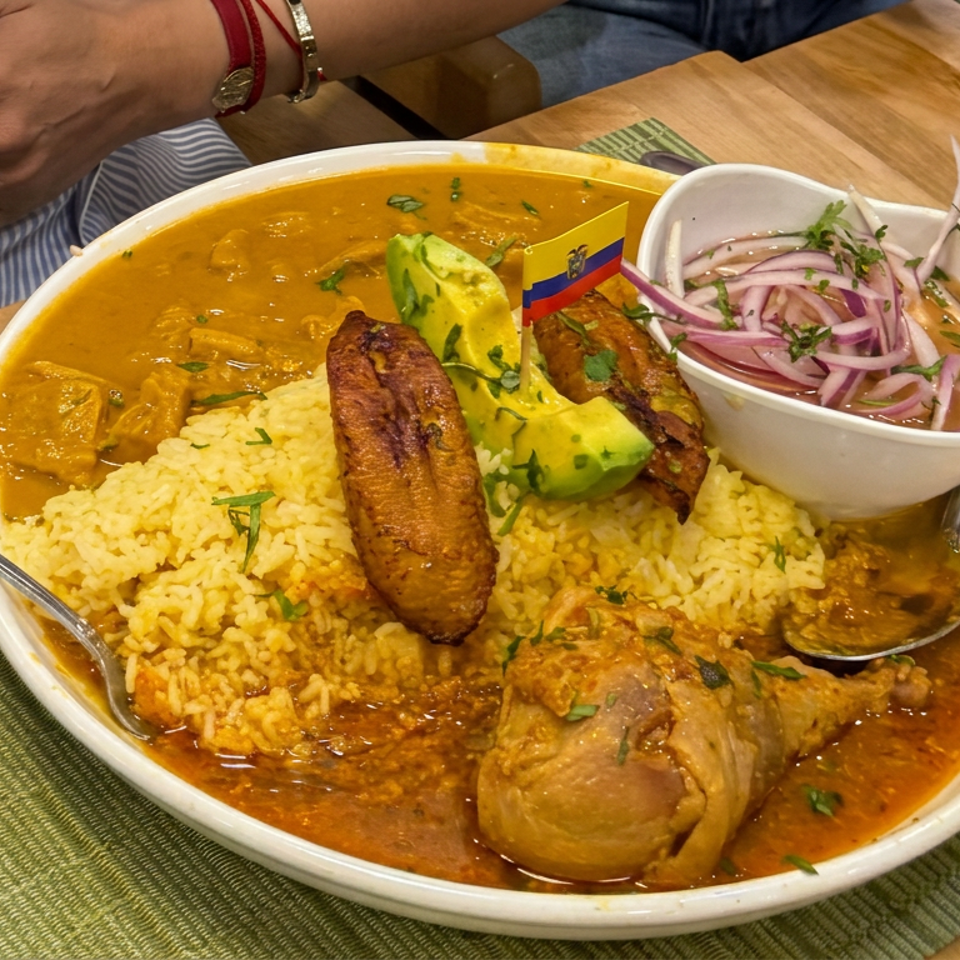 Large platter of Colombian food with rice, beans, plantain, avocado, chicken, and pickled onions on a restaurant table.