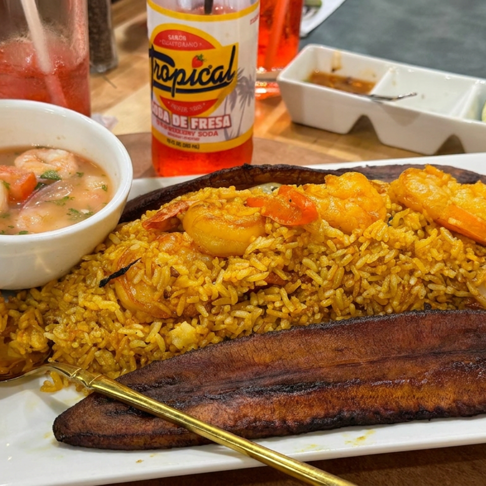 Shrimp rice served with fried plantains, a bowl of seafood soup, lime wedges, and tropical strawberry soda.