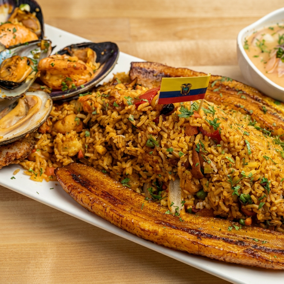 Platter of Colombian seafood rice with mussels, fried fish, grilled plantain, avocado, and creamy onion sauce.