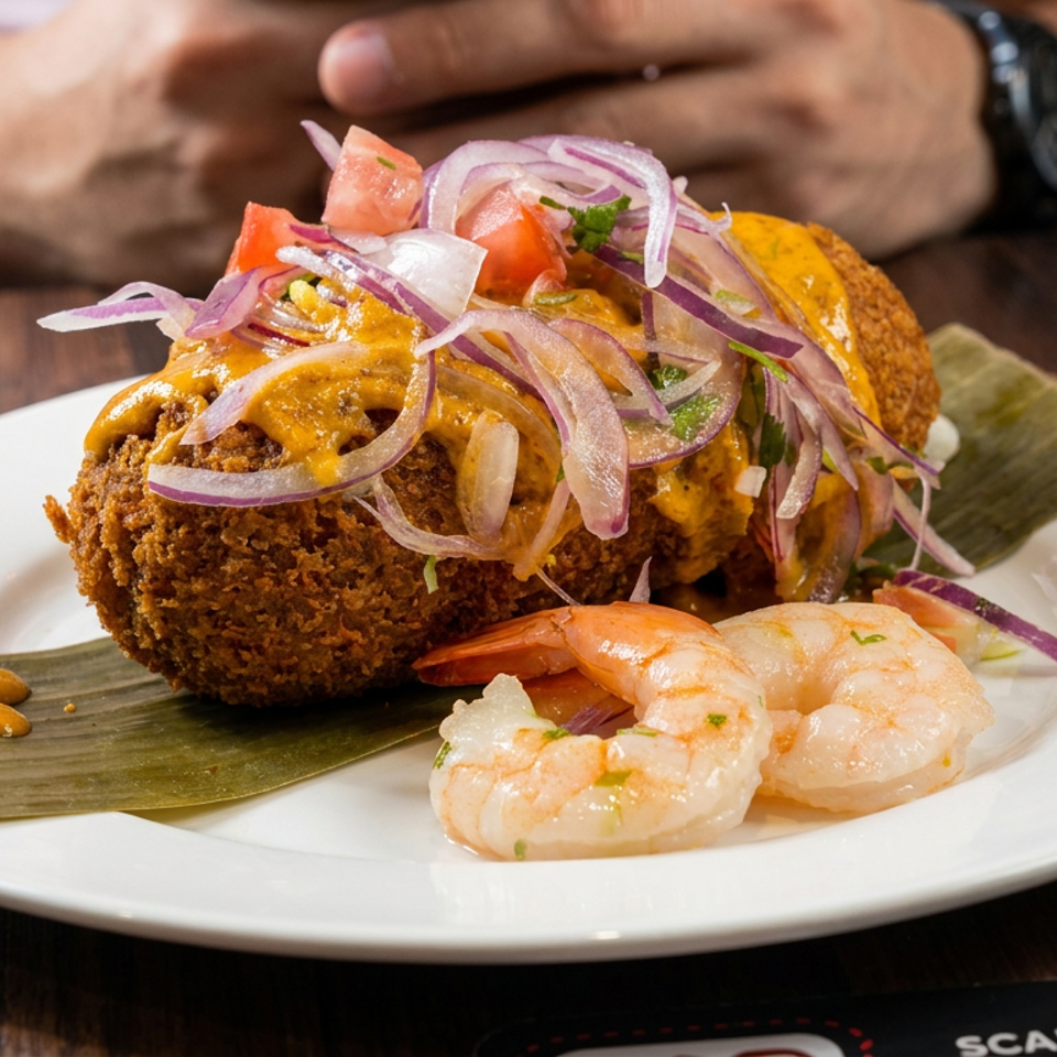 Crispy breaded seafood dish topped with onions, tomatoes, and sauce, served with shrimp on a banana leaf-lined plate.