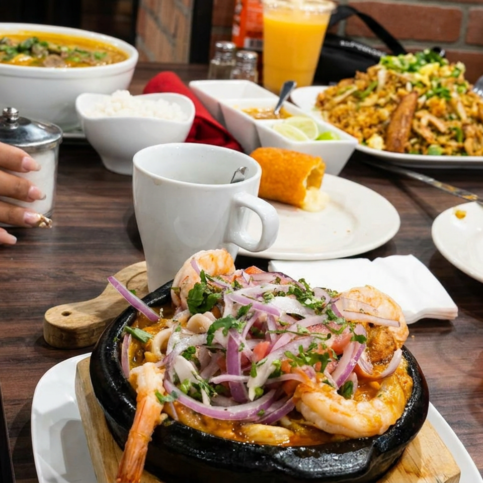 Restaurant table featuring a sizzling shrimp skillet topped with onions and cilantro, rice, soup, assorted dishes, and colorful drinks.