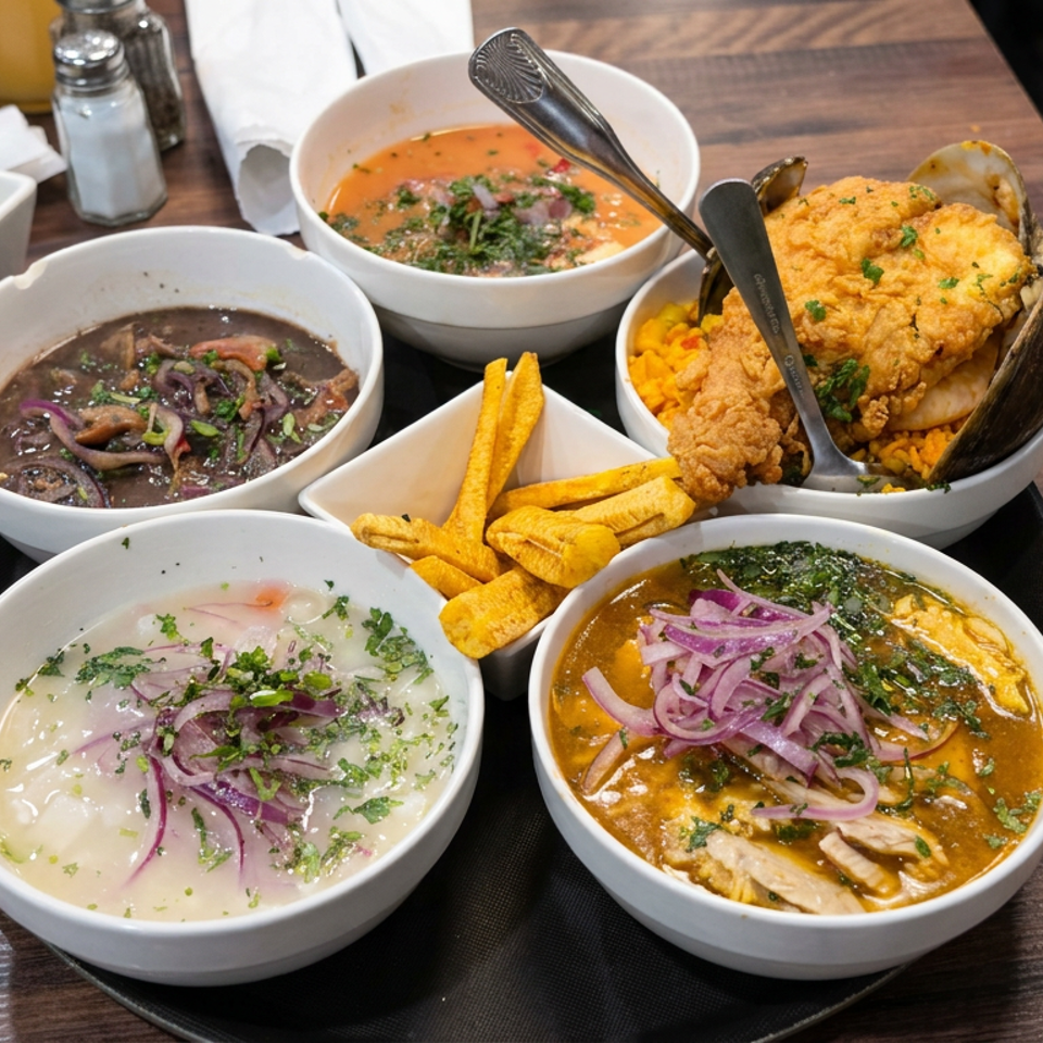 Assortment of colorful Latin American soups, stews, fried plantains, and a fried seafood dish served in bowls on a restaurant table.