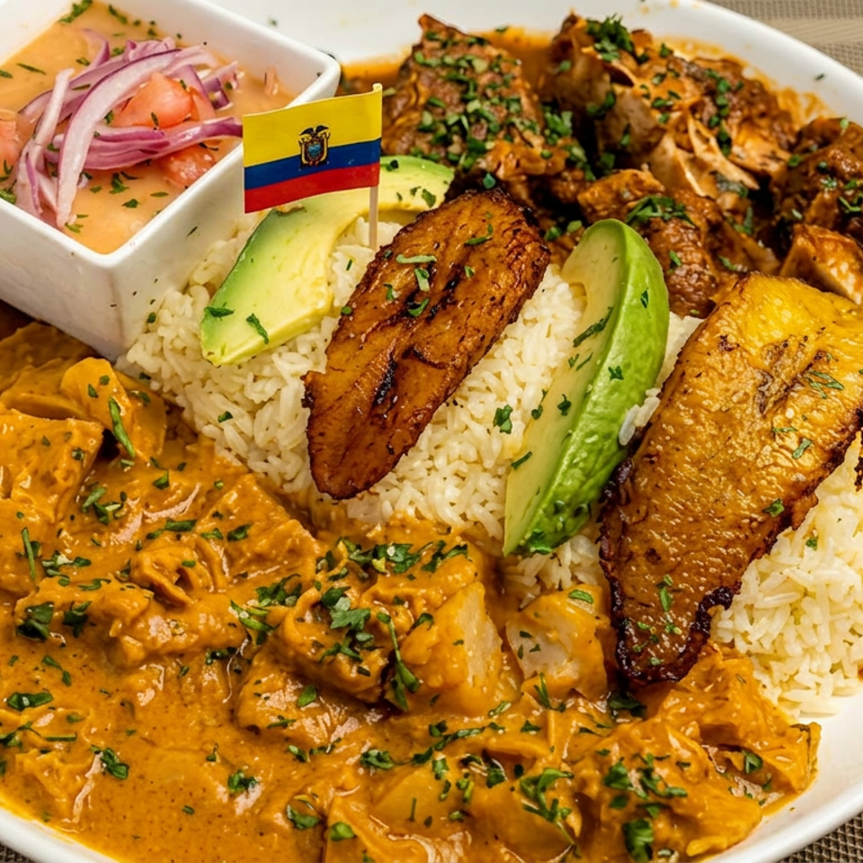 Ecuadorian platter featuring rice, grilled meats, avocado, creamy stew, and ceviche garnished with herbs and an Ecuadorian flag.